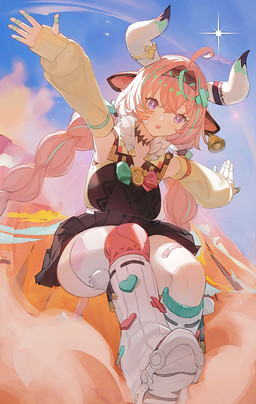2_horns accessory ahoge animal_ears armwear big_breasts black_bottomwear black_clothing black_skirt blush bottomwear braided_pigtails breasts clothed clothed_female clothed_humanoid clothing detached_sleeves female footwear fully_clothed fully_clothed_female fully_clothed_humanoid hair headband horn leg_warmers legwear light_body light_skin open_mouth outside pink_hair shirt shoes simple_background skirt sky solo thigh_highs topwear djh88683925 genshin_impact mihoyo varesa_(genshin_impact) animal_humanoid bovid bovid_humanoid bovine bovine_humanoid cattle_humanoid humanoid mammal mammal_humanoid hi_res