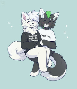 anthro black_claws black_eyebrows blush bottomless cheek_tuft chibi claws clothed clothing curled_tail duo eyebrows eyes_closed facial_tuft fluffy fur green_hair grey_body grey_fur hair looking_at_another male male/male mohawk shirt shirt_only short_hair simple_background sitting sitting_on_another smile tail text topwear topwear_only tuft white_body white_eyebrows white_fur white_hair fleurfurr canid canine canis domestic_cat domestic_dog felid feline felis mammal absurd_res cel_shading colored digital_drawing_(artwork) digital_media_(artwork) english_text hi_res shaded