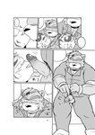 anthro balls blush bottomwear clothing duo genitals humanoid_hands kemono male overweight overweight_male pants penis shirt text topwear oogamikennta third-party_edit bear felid mammal pantherine tiger 2018 censor_removal_edit comic japanese_text monochrome