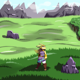 aura biped blue_eyes choker clothing female field forest jewelry landscape melee_weapon mountain necklace plant shield shirt solo standing sword topwear tree tunic weapon mac-daddy lagomorph leporid mammal rabbit 1:1 absurd_res hi_res