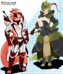 accessory anthro armor clothed clothing dress duo female green_body green_scales headband holding_object holding_weapon male red_body red_scales scales text weapon kingchan capcom monster_hunter rhall thiania flying_wyvern rath_wyvern rathalos rathian hi_res url