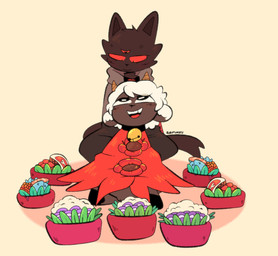 2_horns 3_eyes ambiguous_anthro ambiguous_gender anthro bell bell_collar bowl clothed clothed_ambiguous clothing collar container duo food fur horn multi_eye open_mouth open_smile simple_background smile tan_background white_body white_fur white_wool wool_(fur) rubyfunkey cult_of_the_lamb massive_monster_(studio) lamb_(cult_of_the_lamb) narinder bovid caprine domestic_cat felid feline felis mammal sheep 2024 digital_drawing_(artwork) digital_media_(artwork) hi_res