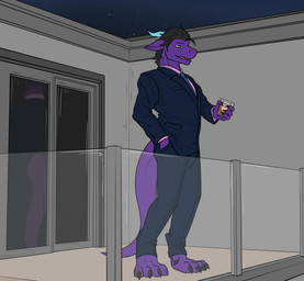 alcohol anthro balcony beverage claws clothing door ears_down fence glass hair hand_in_pocket holding_glass holding_object horn ice ice_cube male non-mammal_hair paws pivoted_ears pockets shirt solo suit tail topwear whiskey conditional_dnp samagthrav2 mythology samagthra dragon mythological_creature mythological_scalie scalie absurd_res hi_res tagme