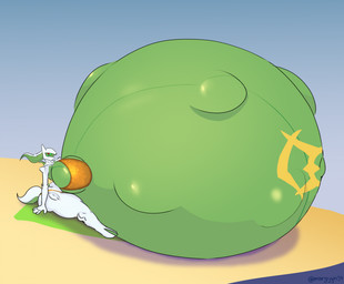 anthro beach beach_towel belly belly_markings big_belly big_breasts bikini bikini_thong bikini_top breasts clothing female fetal_movement green_body hooves huge_belly huge_breasts hyper hyper_belly hyper_breasts hyper_pregnancy looking_aside markings outside pregnant pregnant_anthro pregnant_female red_eyes side_view sitting sitting_on_beach_towel sitting_on_ground solo swimwear tail towel two-piece_swimsuit white_body margyyn34 nintendo pokemon arceus generation_4_pokemon legendary_pokemon pokemon_(species) 2026 hi_res