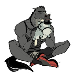 anthro biceps black_hair bottomwear braided_hair clothed clothing facial_hair fishnet_clothing fishnet_topwear footwear fur goatee hair half-closed_eyes holding_object holding_plushie male muscular muscular_anthro muscular_male narrowed_eyes plushie shoes shorts simple_background sitting solo spread_legs spreading tail topwear breen_tomi goat_(movie) sony_corporation sony_pictures mane_attraction andalusian_horse equid equine horse mammal 1:1 digital_media_(artwork) hi_res