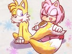 brush brushing brushing_fur brushing_tail duo female fur male male/female personal_grooming social_grooming onechan sega sonic_the_hedgehog_(series) amy_rose miles_prower