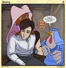 anthro beak border chair cheek_tuft claws clothed clothed_anthro clothed_female clothed_human clothed_male clothing dialogue eyebrows eyelashes eyes_closed facial_tuft feather_hands feathers female female_anthro finger_claws fingers fully_clothed fully_clothed_anthro fully_clothed_female fully_clothed_human fully_clothed_male fur furniture group headdress holding_another insignia male male_human needle_and_thread nobleman obscured_mouth page_number pupils shield shirt sitting speech_bubble standing standing_behind stone_wall support_beam talking_to_another text title topwear trio tuft wall_(structure) white_clothing white_shirt white_topwear wimple winged_arms wings wood wood_beams wood_chair wood_furniture wound_on_arm sir_paulus disney robin_hood_(disney) lady_kluck maid_marian pavel_(sir_paulus) avian bird canid canine canis chicken fox galliform human mammal phasianid artist_name comic english_text hi_res