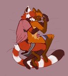 anthro bed bodily_fluids clothing cum cum_while_penetrated duo furniture genital_fluids hand_holding male male/male penetration spooning muttzone lambda_(character) ailurid felid feline mammal red_panda hi_res