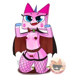 anthro blue_eyes breasts cape clothing fangs female fishnet_clothing fishnet_legwear fur genitals horn kneeling lego_brick legwear nude open_mouth pasties pink_body pink_fur pussy simple_background small_breasts smile solo teeth tongue white_background foxart950 lego the_lego_movie unikitty domestic_cat equid equine felid feline felis hybrid mammal absurd_res hi_res