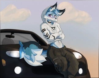 anthro biped black_car black_cargo_pants black_collar blue_body blue_fur bottomwear car cargo_pants clothed clothing cloud collar countershade_face countershade_tail countershading crop_top cropped_hoodie crossed_arms crossed_legs dipstick_ears ear_markings femboy fingers fur hair head_tuft hoodie inner_ear_fluff leaning leaning_on_vehicle legwear looking_at_viewer male midriff mouth_closed multicolored_ears navel outside pants purple_eyes shirt sky smile solo standing straps streetwear tail techwear topwear tuft vehicle white_body white_fur radimcatt mazda mazda_miata mazda_mx-5 zee_(zfursee) canid canine fennec_fox fox mammal true_fox digital_media_(artwork) hi_res