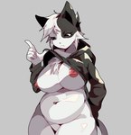 anthro areola big_breasts breasts clothing embarrassed female fur hoodie nipples presenting presenting_breasts rear_view slightly_chubby slightly_chubby_female solo topwear under_boob undressing white_body white_fur zh653 garn47 carr_(garn47) domestic_cat felid feline felis mammal hi_res