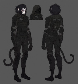 anthro armor body_armor clothing elbow_pads female hood knee_pads military_uniform solo tail uniform lethal_doors idika_(imnotafurry12) haplorhine mammal monkey primate
