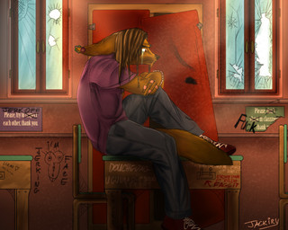 5_fingers anthro arthropod_webbing bandage bed_sheet bedding biped blue_bottomwear blue_clothing blue_jeans blue_pants bodily_fluids bottomwear broken_glass brown_body brown_eyes brown_fur brown_hair brown_tail chair clothed clothing denim denim_bottomwear denim_clothing desk fingers fluffy fluffy_tail fully_clothed fur furniture glass graffiti hair heart_symbol homophobic_slur inside jeans male on_desk pants piercing profanity purple_clothing purple_shirt purple_t-shirt purple_topwear sad school shirt shoelaces sitting slur solo spider_web t-shirt table tail tears text topwear vandalism weak window jackiry canid canine fennec_fox fox mammal true_fox 5:4 english_text