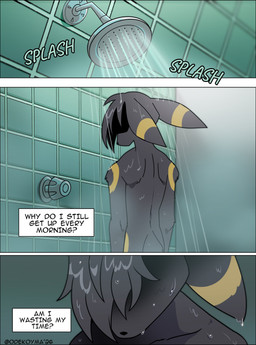 anthro bathing black_body fur hair hair_over_eyes male nude shower showering solo text wet wet_body wet_fur wet_hair odeko-yma nintendo pokemon pokemon_mystery_dungeon spike_chunsoft lucky_(odeko-yma) eeveelution generation_2_pokemon pokemon_(species) umbreon 2026 absurd_res comic digital_media_(artwork) english_text hi_res signature