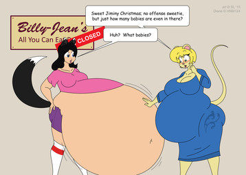 anthro belly belly_size_difference big_belly big_breasts black_hair blonde_hair blue_eyes blush bottomwear breasts clothing copyright_symbol dress duo female footwear green_eyes hair hand_on_another's_belly hand_on_belly hand_on_butt huge_belly hyper hyper_belly navel open_mouth shirt shorts sign socks speech_bubble stuffing symbol text topwear satsumalord diane_(hnm124) tanya_(satsumalord) animal_humanoid canid canid_humanoid canine canine_humanoid dog_humanoid humanoid mammal mammal_humanoid mouse murid murine rodent 2015 digital_media_(artwork) english_text