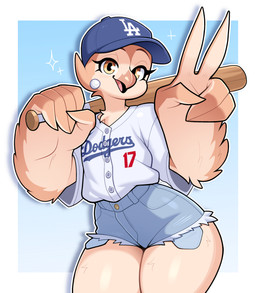 anthro baseball_bat baseball_cap baseball_uniform bat_(object) beak biped bottomwear clothed clothed_anthro clothed_female clothing daisy_dukes denim denim_bottomwear denim_clothing denim_shorts feather_hands feathers female flat_chested fully_clothed fully_clothed_anthro fully_clothed_female gesture hand_gesture hat headgear headwear hotpants shorts smile solo sportswear thick_thighs uniform v_sign wide_hips yellow_eyes budoti los_angeles_dodgers mlb morale avian barn_owl bird owl tyto tytonid absurd_res hi_res