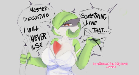 4_fingers big_breasts blush blush_lines breasts buttplug buttplug_tail chest_spike dialogue eyelashes fake_cat_ears fake_ears fake_tail female female_humanoid fingers frown gameplay_mechanics green_hair hair hair_over_eye holding_object holding_sex_toy leaf leaf_hair long_eyelashes master plant plant_hair plug_(sex_toy) pseudo_hair red_eyes sex_toy short_hair solo speech_bubble spikes spikes_(anatomy) text nobite nintendo pokemon gardevoir generation_3_pokemon humanoid pokemon_(species) 2026 absurd_res english_text guide_lines hi_res sketch