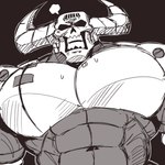 abs biceps big_pecs black_eyes bodily_fluids horn male muscular muscular_humanoid muscular_male pecs simple_background solo sweat teeth juggermelon helltaker subject_67_(helltaker) demon humanoid hi_res monochrome