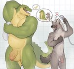 2023 anthro balls bathing bathroom big_muscles check_mark crocodile crocodilian crocodylid disiwjd duo eyes_closed flaccid foreskin fur genitals green_body grey_body grey_fur heart_symbol hi_res humanoid_genitalia humanoid_penis hyena looking_at_another male male/male mammal markings musclegut muscular muscular_anthro muscular_male nude open_mouth open_smile penis penis_size_difference raised_arm reptile scalie shower_head showering size_difference smile speech_bubble spots spotted_body spotted_fur spotted_hyena steam thick_penis wet wet_body wet_fur