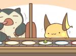 duo food open_mouth sushi text wasabi rairai-no26-chu nintendo pokemon generation_1_pokemon pokemon_(species) raichu snorlax 2018 4:3