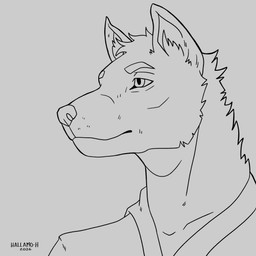 anthro clothing male solo hallamo-h canid canine canis mammal wolf 1:1 hi_res line_art monochrome portrait