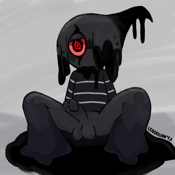balls black_eyes bodily_fluids clothing dark_body genital_fluids genitals half-erect half_naked humanoid_genitalia humanoid_penis ichor ink male mime mouthless pattern_clothing penis pleased_expression precum red_eyes simple_background solo striped_clothing stripes leadolion43 blushcrunch_studio dandy's_world blot_(dandy's_world) ambiguous_species goo_creature toon_(dandy's_world) twisted_(dandy's_world) 1:1 hi_res