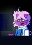 ahoge anthro blue_scarf coffee_mug desk disgust disgusted_face electronics eyewear furniture glasses hair male monitor pink_eyes pink_hair puffy_jacket purple_body scarf solo table tongue white_scarf chazster residays mammal mephitid skunk hi_res reaction_image