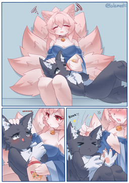 9_tails anthro baby_bottle black_body black_eyes breasts duo female female/female hair milk multi_tail nude nude_anthro pink_body pink_hair pink_tail red_eyes shy tail lalamedli canid canine canis domestic_dog fox humanoid mammal absurd_res comic hi_res