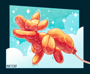 abstract_background ambiguous_gender balloon belly cloud drawn_on_face featureless_crotch featureless_hands featureless_legs feral floating glistening glistening_body inflatable inflatable_transformation latex mass_production orange_body permanent_smile printed_eyes solo squishy_body string wiggle mintychipart animate_inanimate canid canine canis domestic_dog living_inflatable mammal 2025 digital_drawing_(artwork) digital_media_(artwork) hi_res krita_(artwork) shaded