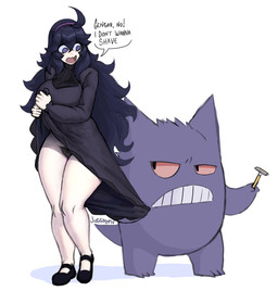accessory ahoge ambiguous_gender assisted_exposure big_breasts black_clothing black_eyes black_footwear black_shoes blue_hair breasts clothed clothing clothing_lift dialogue dress dress_lift duo female footwear front_view genitals grey_clothing grey_dress hair hair_accessory hairband hairy_vulva holding_object holding_razor holding_tool long_hair no_underwear open_mouth pale_skin pubes purple_body purple_eyes razor red_sclera shoes simple_background speech_bubble spiral spiral_eyes text thick_thighs tools vulva white_background wide_hips juggryph nintendo pokemon hex_maniac generation_1_pokemon gengar human mammal pokemon_(species) hi_res