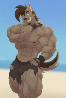 anthro arm_tuft barazoku barbell_piercing beach beard bedroom_eyes biceps big_muscles blurred_background bottomwear bulge claws clothed clothing deltoids ear_piercing ear_ring elbow_tuft eyebrows facial_hair fingerless_gloves fingers gloves hair hand_on_hip hand_on_shoulder handwear huge_muscles leg_muscles male mohawk muscle_tone muscular muscular_arms muscular_thighs narrowed_eyes nipples outside pecs piercing ponytail ring_piercing sand seaside seductive shorts smile smirk smug solo tail thick_thighs toothy_grin topless torn_bottomwear torn_clothing triceps tuft vein veiny_muscles water kaioat russell_carmine canid canine canis coyote mammal absurd_res digital_media_(artwork) hi_res