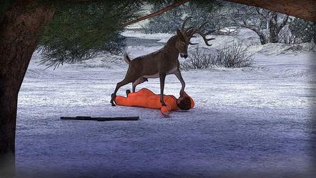 animal_genitalia animal_penis antlers balls battle brown_eyes cervine_genitalia cervine_penis countershading dewclaw_hooves dominant dominant_feral domination/submission duo feral fight genitals gun hooves horizontal_pupils horn hunter hunting male male/male penis pinned pinned_to_ground predator/prey pupils ranged_weapon role_reversal scut_tail short_tail shotgun snow submissive submissive_human tail weapon incitatuseclipse deer human humanoid mammal new_world_deer white-tailed_deer 16:9 hi_res widescreen