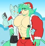 abs antennae_(anatomy) anthro beard black_nipples bulge cellphone christmas_clothing christmas_headwear clothed clothing costume duo electronics facial_hair fur green_body green_fur hat headgear headwear holding_cellphone holding_object holding_phone holding_smartphone holidays male muscular muscular_male nipples open_clothing open_shirt open_topwear pecs phone santa_costume santa_dress santa_hat shirt smartphone tan_body tan_fur topwear rxq christmas fiox_(elliot-fiox) zane_(elliot-fiox) alien canid canine haplorhine mammal monkey primate 2019 absurd_res hi_res father_(lore) father_and_child_(lore) father_and_son_(lore) parent_(lore) parent_and_child_(lore) parent_and_son_(lore) son_(lore)