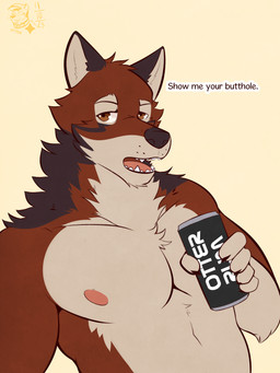 anthro beverage black_body black_claws black_fur black_nose brown_eyes cheek_tuft claws dialogue facial_tuft fur head_tuft holding_beverage holding_object inner_ear_fluff logo looking_at_viewer male neck_tuft nipples open_mouth pecs pink_nipples red_body red_fur requesting simple_background solo teeth text tongue tuft whisker_spots white_body white_fur white_inner_ear_fluff yellow_background ventkazemaru echo_(game) echo_(series) echo_project leo_alvarez canid canine canis mammal red_wolf wolf 2025 artist_logo artist_name dated english_text flat_colors half-length_portrait hi_res portrait