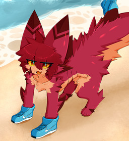4_toes anthro arm_fin arm_markings arm_tuft back_tuft big_tail blue_clothing blue_footwear blue_pupils blue_shoes blue_sneakers chest_tuft clothing cute_fangs dorsal_fin elbow_tuft eye_through_hair eyebrow_through_hair eyebrows facial_tuft fangs feet fin fluffy fluffy_tail footwear fur fur_markings gills glistening glistening_body hair leg_markings looking_at_viewer male markings multicolored_eyes open_mouth orange_body orange_eyes orange_fur pointy_ears pupils red_body red_eyes red_fur red_hair sand sea shark_tail shoes shoes_on_fin shoes_on_hands shoulder_tuft sneakers solo striped_ears swirl_eyes tail tail_fin tail_markings tail_tuft teeth toes translucent translucent_hair tuft water yellow_sclera gaogomon nike gaogomon_(oc) tralalero_tralala aquatic fish furred_kobold furred_scalie furred_shark kobold scalie shark 2025 absurd_res hi_res meme
