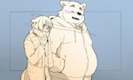 anthro blush clothing duo eyes_closed kemono male overweight overweight_male scarf simple_background sweater topwear inunoshippo canid canine canis domestic_dog mammal 2022 5:3