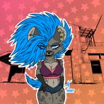 anthro big_breasts blue_eyes blue_hair breasts curvy_figure ear_piercing ear_ring facial_piercing female fur furgonomics furry-specific_piercing grey_body grey_fur hair hand_on_hip looking_at_viewer muzzle_piercing nipple_outline nose_piercing nose_ring piercing ring_piercing septum_piercing solo thick_thighs wide_hips shujaahunt_(artist) wazimu_reginald_(shujaahunt) hyena mammal spotted_hyena 1:1 hi_res