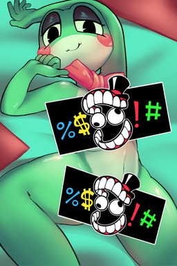 anthro blush blush_stickers bow_tie caine_censorship censor_bar female green_body solo neeonxt glitch_productions the_amazing_digital_circus ribbit_(tadc) amphibian frog absurd_res censored hi_res