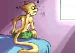 anthro bed cheek_tuft clothed clothing facial_tuft female fur furniture rear_view scratching scratching_butt solo tail text topless tuft underwear yellow_body yellow_fur yellow_tail plagueofgripes microsoft prequel_adventure the_elder_scrolls katia_managan domestic_cat felid feline felis khajiit mammal 2014 english_text