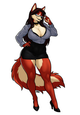 anthro big_breasts blue_eyes bottomwear bra bra_peek breasts brown_hair cleavage clothed clothing collar eyebrows eyewear female fingers footwear fur glasses hair hand_on_hip high_heels red_body red_fur shoes skirt solo tail tan_body tan_fur thick_thighs underwear wide_hips blazbaros canid canine canis mammal wolf 2025 digital_media_(artwork) hi_res