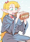 2024 blonde_hair blush colo delicious_in_dungeon eating elf female food green_eyes hair hi_res humanoid humanoid_pointy_ears marcille_donato not_furry sandwich_(food) sauce solo toast_sandwich