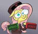 blue_eyes clothing female hair hat headgear headwear necktie solo stamp text uniform hotdiggedydemon friendship_is_magic hasbro my_little_pony papers_please fluttershy_(mlp) equid equine horse mammal pony 2018 absurd_res english_text hi_res reaction_image