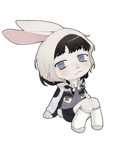ambiguous_gender anthro arm_support black_bottomwear black_clothing black_shorts blue_eyes blush blush_lines bottomwear braided_hair braided_pigtails brown_hair cat_smile chibi clothing footwear fur grey_clothing grey_shirt grey_topwear hair jacket legs_together looking_at_viewer rabbit_ears scut_tail shirt shoes short_tail shorts sitting socks tail topwear white_body white_clothing white_footwear white_fur white_hair white_shoes white_socks unko mari_(maril33)_(bunny) lagomorph leporid mammal rabbit hi_res