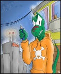 anthro bone boxcutter claws clothed clothing fangs green_body hoodie looking_at_viewer male skull solo stripes tail teeth topwear weapon toki_(artist) toki_(character) lizard reptile scalie 2004