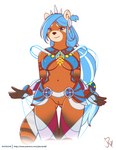 anthro blue_hair bottomless bottomless_female breasts butt butt_from_the_front clothed clothing crown female front_view fur genitals hair halter_top headgear jewelry knock-kneed long_hair markings navel nipple_outline orange_body orange_fur pussy ribbons ring_(marking) ringed_tail simple_background skimpy small_waist solo standing striped_markings striped_tail stripes tail tail_markings teal_eyes thigh_gap tiara under_boob white_background wide_hips joe_randel ys dana_iclucia pengsong_(rnixon) ailurid mammal red_panda 2018 absurd_res alternate_version_at_source hi_res portrait three-quarter_portrait