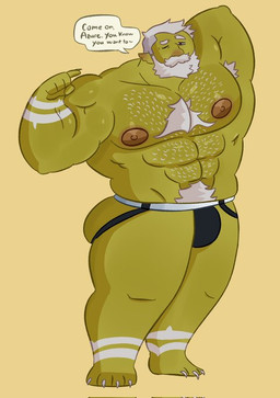 4_toes 5_fingers abs armpit_fetish armpit_hair barazoku body_hair bulge chest_tuft clothed clothing dialogue exposed_armpit feet fingers green_body hairy hand_behind_head jockstrap jockstrap_only male muscular muscular_male musk nipples one_eye_closed one_eye_half-closed pecs pubes solo text toes topless tuft underwear underwear_only autumnnieartz torug_(pupblueslut) humanoid orc 2025 english_text