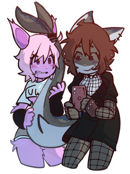 anthro arm_warmers armwear blush bodily_fluids bottomwear breasts clothing dark_clothing drooling duo ear_piercing electronics female fishnet_clothing hair nervous non-mammal_breasts phone piercing pink_body pink_ears pink_hair red_eyes saliva shark_tail shorts spiked_clothing spikes sweat uwu kopito aquatic felid fish mammal shark absurd_res hi_res