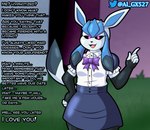 2022 al_gx anthro anthrofied blue_body brainwashing clothed clothing dialogue eeveelution english_text female generation_4_pokemon glaceon glowing glowing_eyes hi_res hypnosis infidelity maid_uniform male male/female mind_control nintendo offscreen_character pokemon pokemon_(species) pokemorph seductive solo story story_in_description text trance uniform