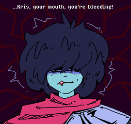 ambiguous_gender biped black_background black_hair blood blood_from_mouth blood_in_mouth blue_body blue_skin bodily_fluids clothed clothing dialogue front_view hair human_only not_furry offscreen_character shadow_face simple_background snowgrave solo stressed text qwizibo deltarune undertale_(series) kris_dreemurr human mammal 2025 digital_drawing_(artwork) digital_media_(artwork) english_text