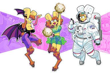 2_horns 5_fingers :3 abstract_background armwear astronaut_helmet astronaut_suit barefoot big_breasts black_clothing black_leotard bottomwear breasts butt cheerleader cheerleading_pose choker cleavage closed_smile clothed clothing cosplay crop_top curvy_figure drop_shadow ear_piercing elbow_gloves eyes_closed eyewear fangs feet female fingerless_gloves fingers freckled_breasts freckled_face freckled_shoulders freckles fully_clothed fur furgonomic_headwear furgonomics gesture glasses gloves green_bottomwear green_choker green_clothing green_crop_top green_jewelry green_necklace green_shirt green_shorts green_skirt green_topwear grey_hooves hair hand_gesture handwear happy holding_pom_poms hooves horn hourglass_figure humanoid_pointy_ears jewelry leggings legwear leotard long_hair looking_at_viewer membrane_(anatomy) membranous_wings midriff miniskirt mouth_closed navel necklace one_eye_closed orange_body orange_fur orange_hair outline pattern_clothing pattern_leggings pattern_legwear piercing pigtails pink_armwear pink_clothing pink_elbow_gloves pink_fingerless_gloves pink_gloves pink_handwear pink_tongue pleated_skirt pointy_ears pom_poms purple_clothing purple_leggings purple_legwear rectangular_glasses scut_tail shirt short_tail shorts skirt small_waist smile snaggle_tooth solo standing tail teeth text thigh_gap thumbs_up tongue topwear unusual_wing_placement wearing_glasses white_helmet white_jumpsuit white_outline wings wink yellow_body yellow_skin lobsteritus capcom darkstalkers amber_(lobsteritus) morrigan_aensland animal_humanoid demon demon_humanoid humanoid satyr 2022 dated digital_media_(artwork) english_text hi_res multiple_images signature